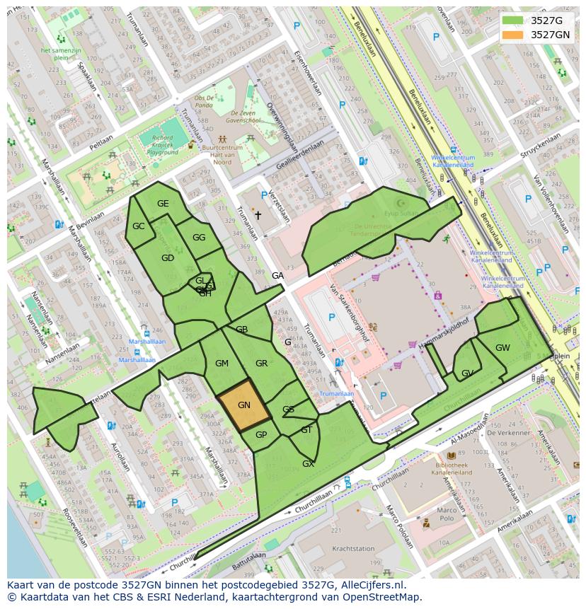 Afbeelding van het postcodegebied 3527 GN op de kaart.