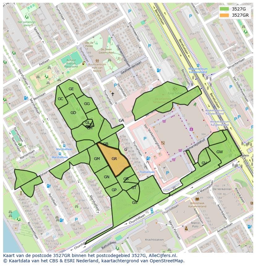 Afbeelding van het postcodegebied 3527 GR op de kaart.