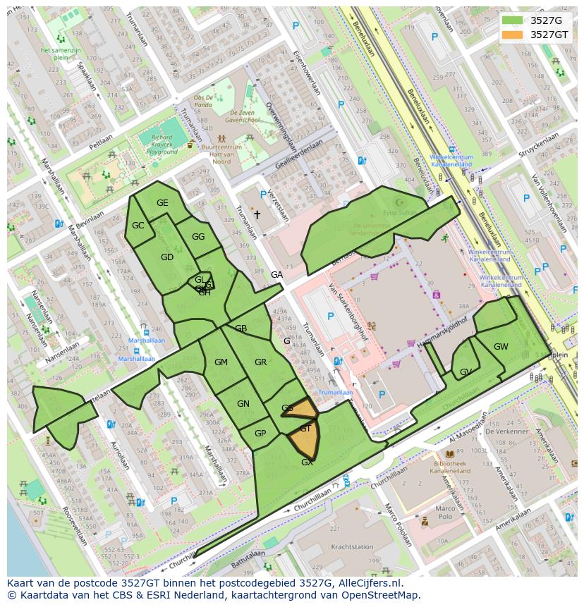 Afbeelding van het postcodegebied 3527 GT op de kaart.