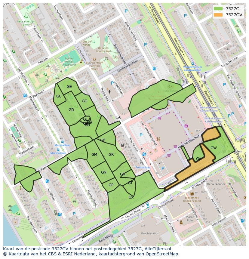 Afbeelding van het postcodegebied 3527 GV op de kaart.