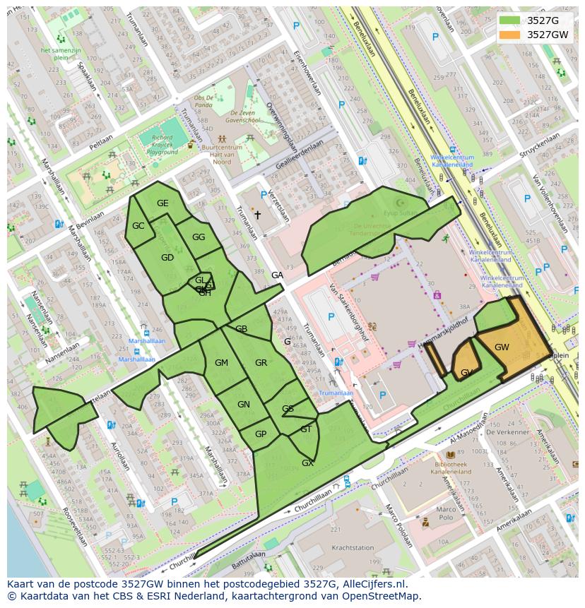 Afbeelding van het postcodegebied 3527 GW op de kaart.