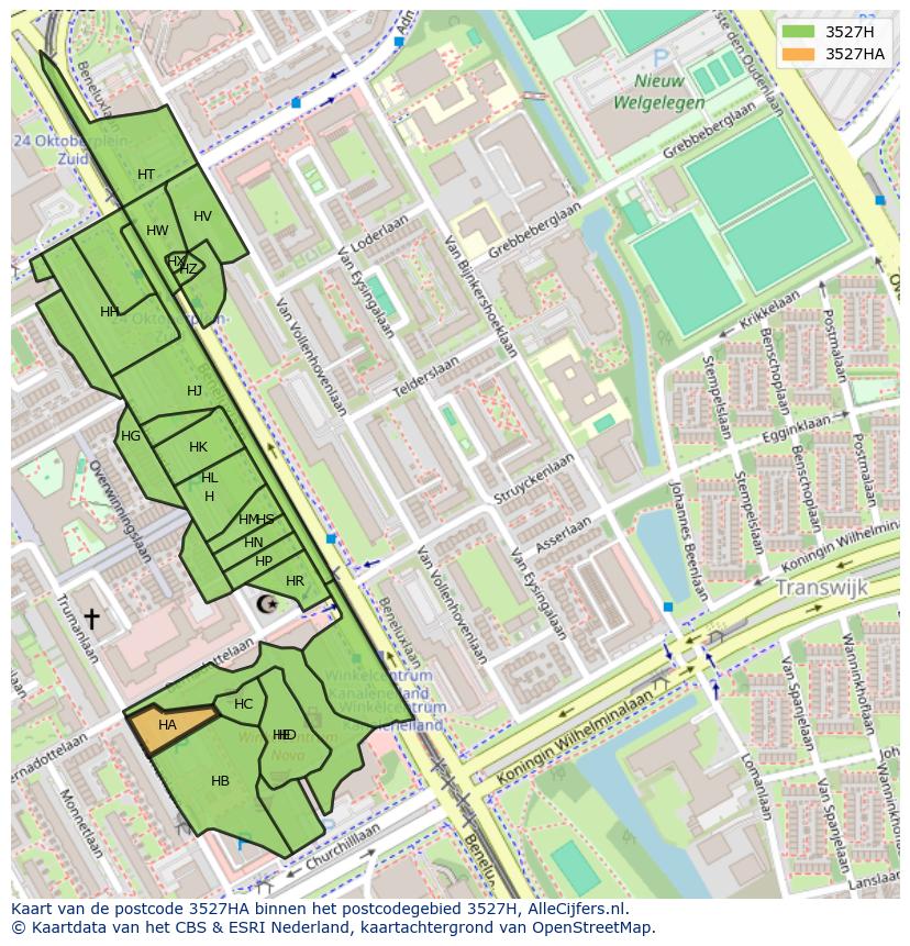 Afbeelding van het postcodegebied 3527 HA op de kaart.