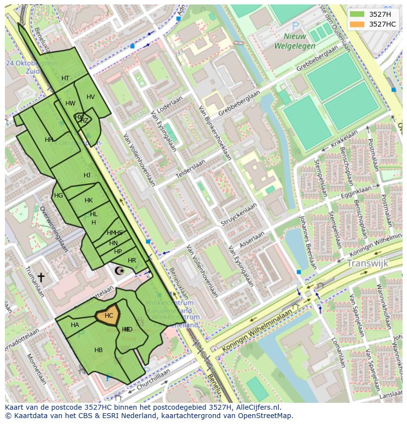 Afbeelding van het postcodegebied 3527 HC op de kaart.