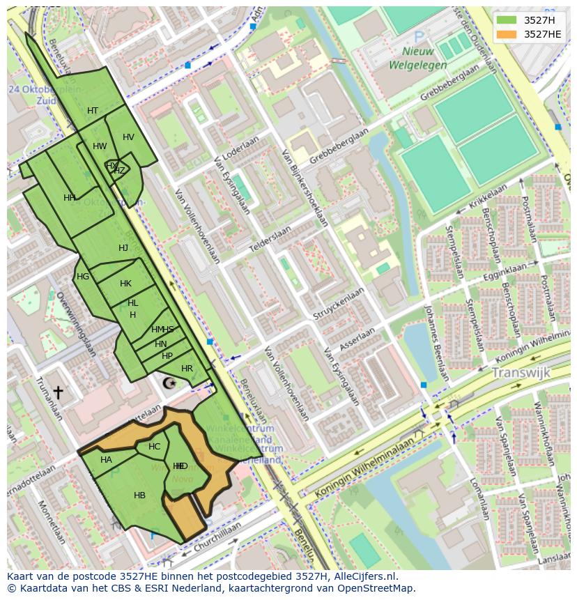 Afbeelding van het postcodegebied 3527 HE op de kaart.