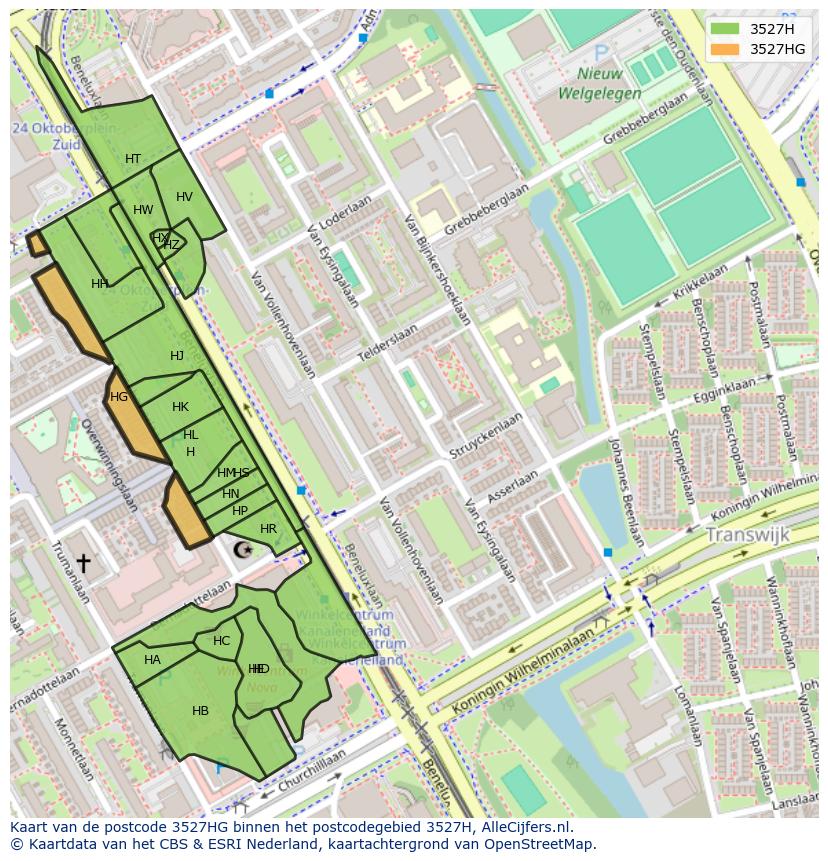 Afbeelding van het postcodegebied 3527 HG op de kaart.