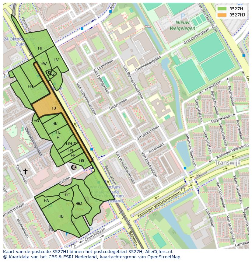 Afbeelding van het postcodegebied 3527 HJ op de kaart.