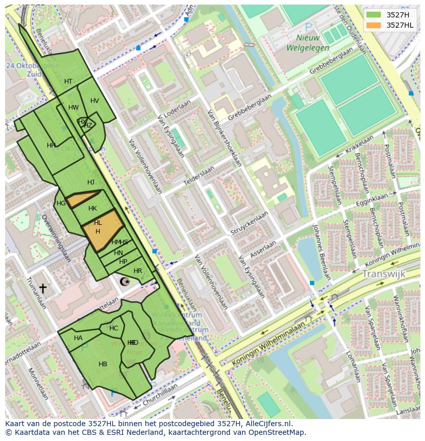 Afbeelding van het postcodegebied 3527 HL op de kaart.