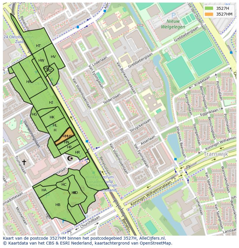 Afbeelding van het postcodegebied 3527 HM op de kaart.