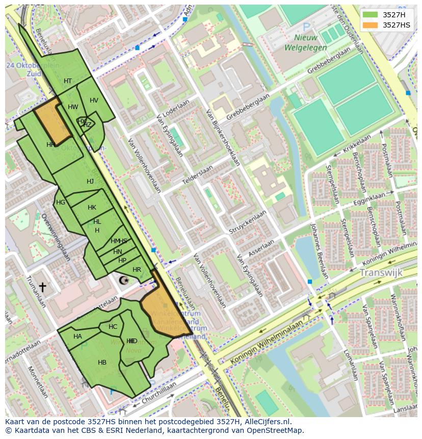Afbeelding van het postcodegebied 3527 HS op de kaart.