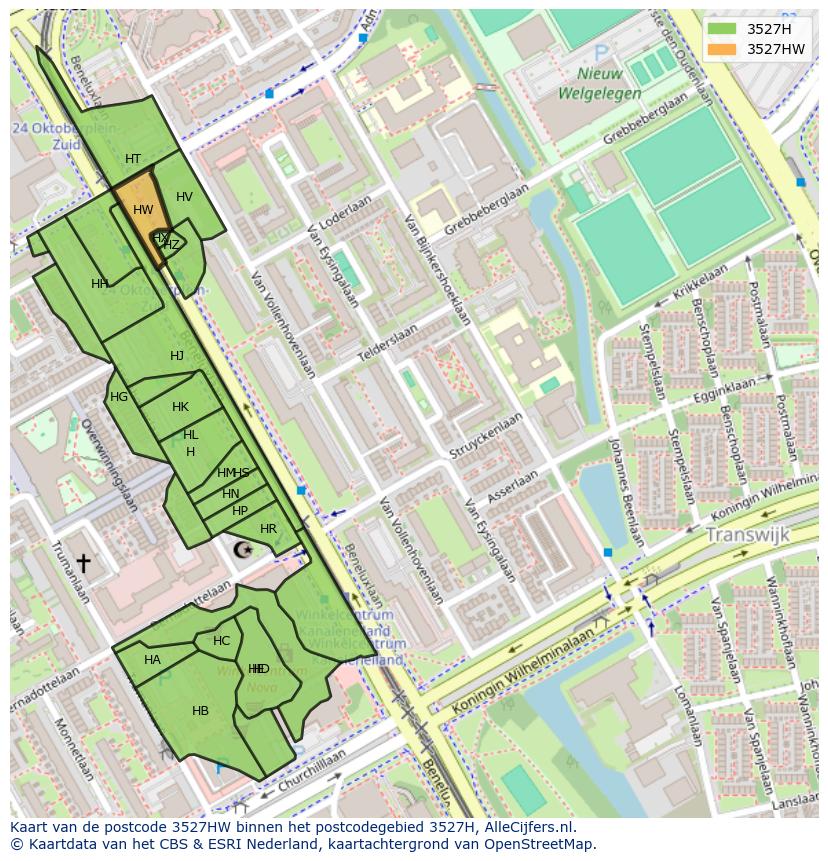 Afbeelding van het postcodegebied 3527 HW op de kaart.