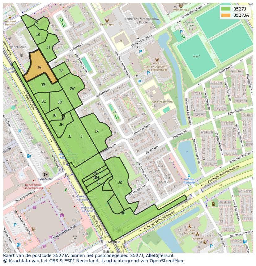Afbeelding van het postcodegebied 3527 JA op de kaart.