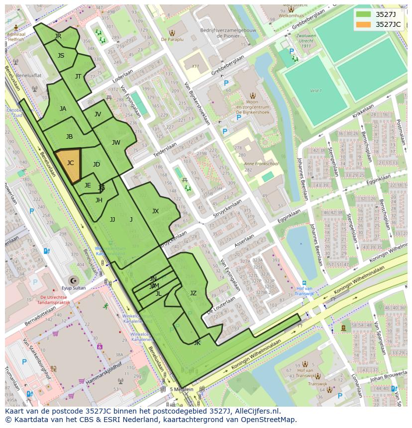 Afbeelding van het postcodegebied 3527 JC op de kaart.