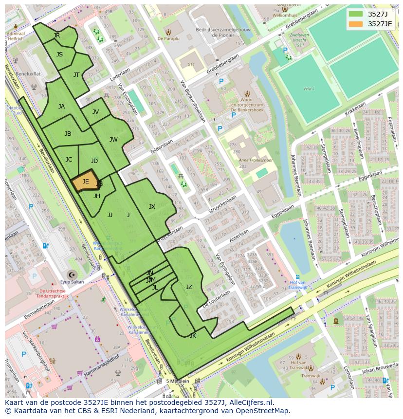 Afbeelding van het postcodegebied 3527 JE op de kaart.