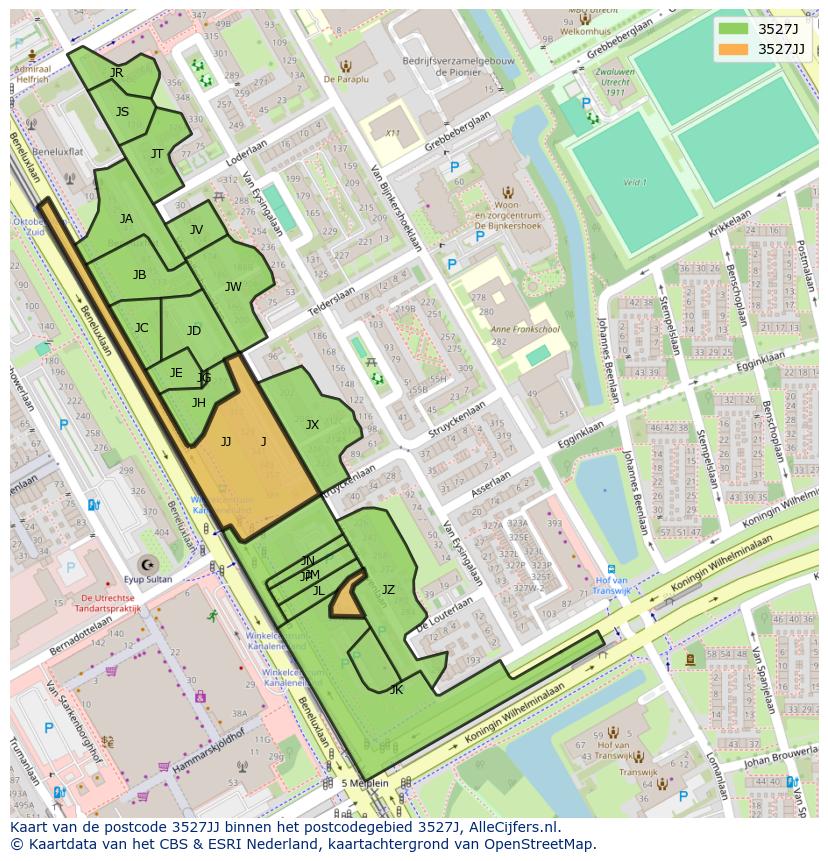 Afbeelding van het postcodegebied 3527 JJ op de kaart.