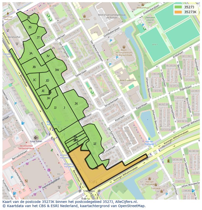 Afbeelding van het postcodegebied 3527 JK op de kaart.