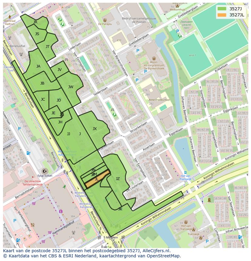 Afbeelding van het postcodegebied 3527 JL op de kaart.