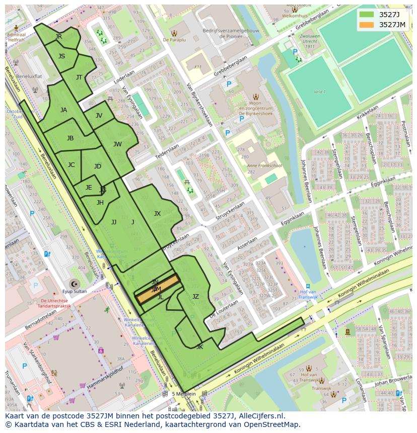 Afbeelding van het postcodegebied 3527 JM op de kaart.