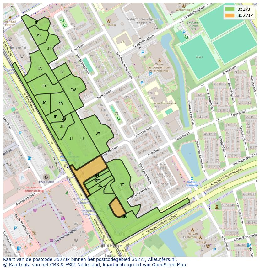 Afbeelding van het postcodegebied 3527 JP op de kaart.