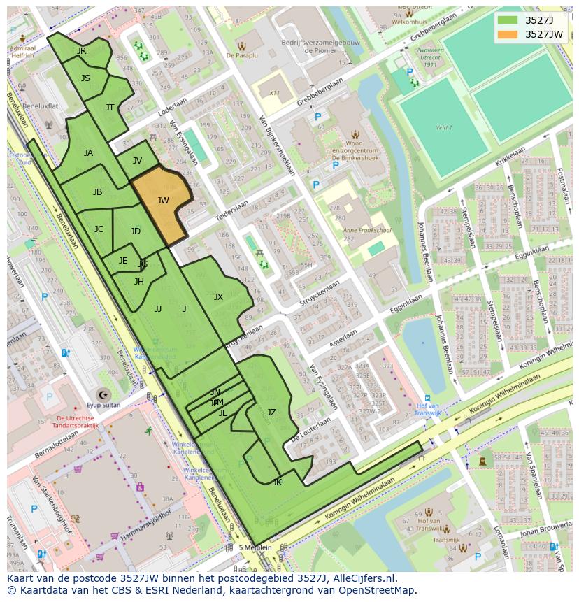 Afbeelding van het postcodegebied 3527 JW op de kaart.