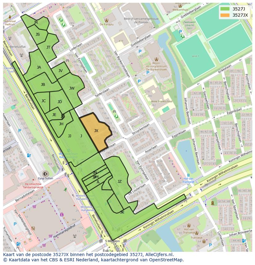 Afbeelding van het postcodegebied 3527 JX op de kaart.