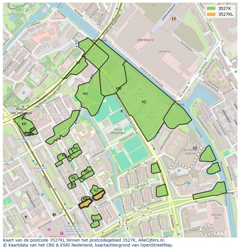Afbeelding van het postcodegebied 3527 KL op de kaart.