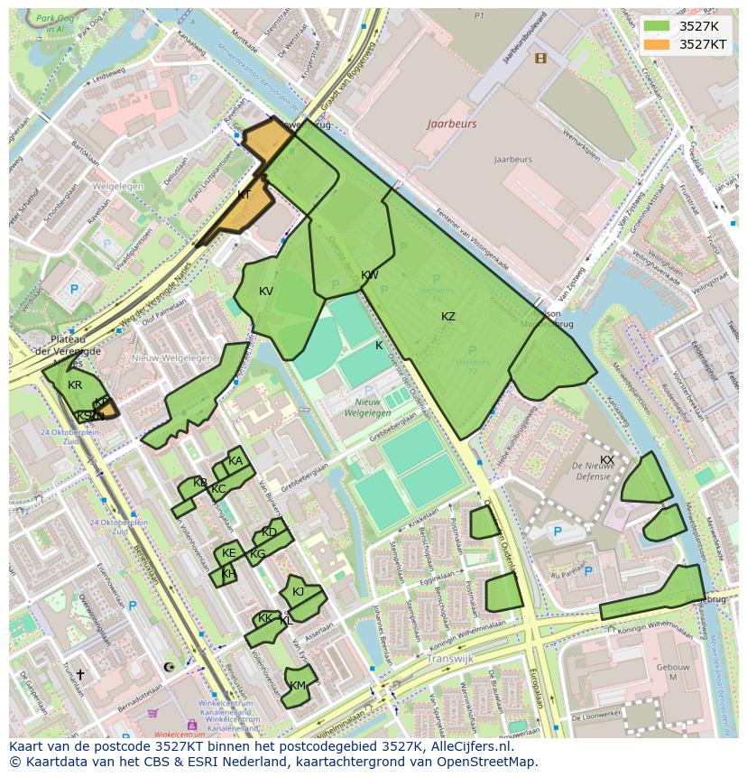 Afbeelding van het postcodegebied 3527 KT op de kaart.