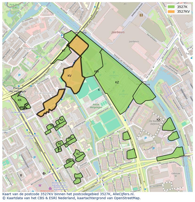 Afbeelding van het postcodegebied 3527 KV op de kaart.