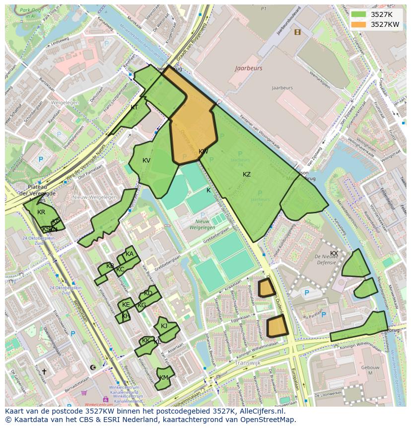 Afbeelding van het postcodegebied 3527 KW op de kaart.