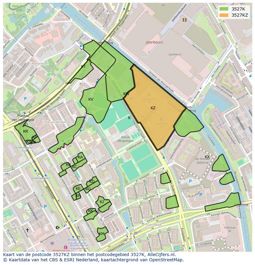 Afbeelding van het postcodegebied 3527 KZ op de kaart.