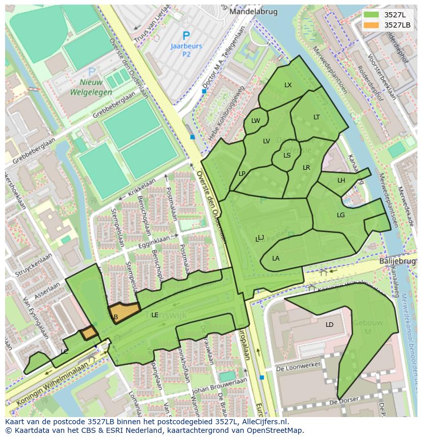 Afbeelding van het postcodegebied 3527 LB op de kaart.