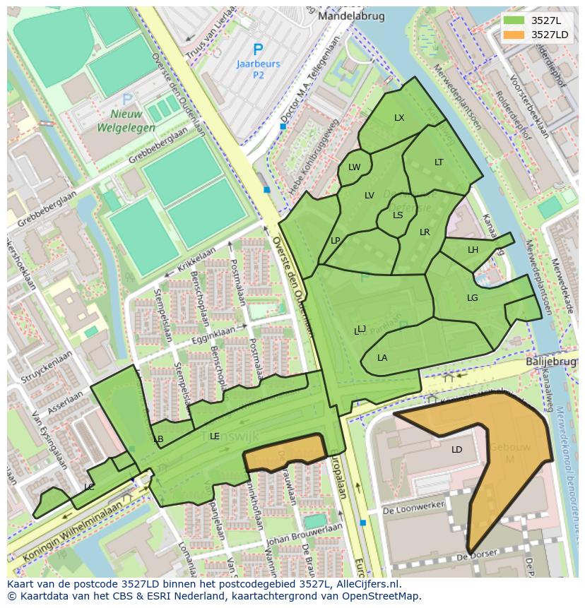 Afbeelding van het postcodegebied 3527 LD op de kaart.
