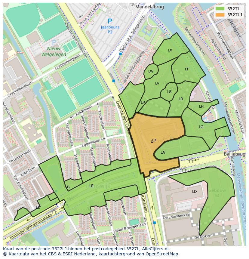 Afbeelding van het postcodegebied 3527 LJ op de kaart.