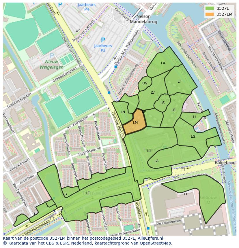 Afbeelding van het postcodegebied 3527 LM op de kaart.