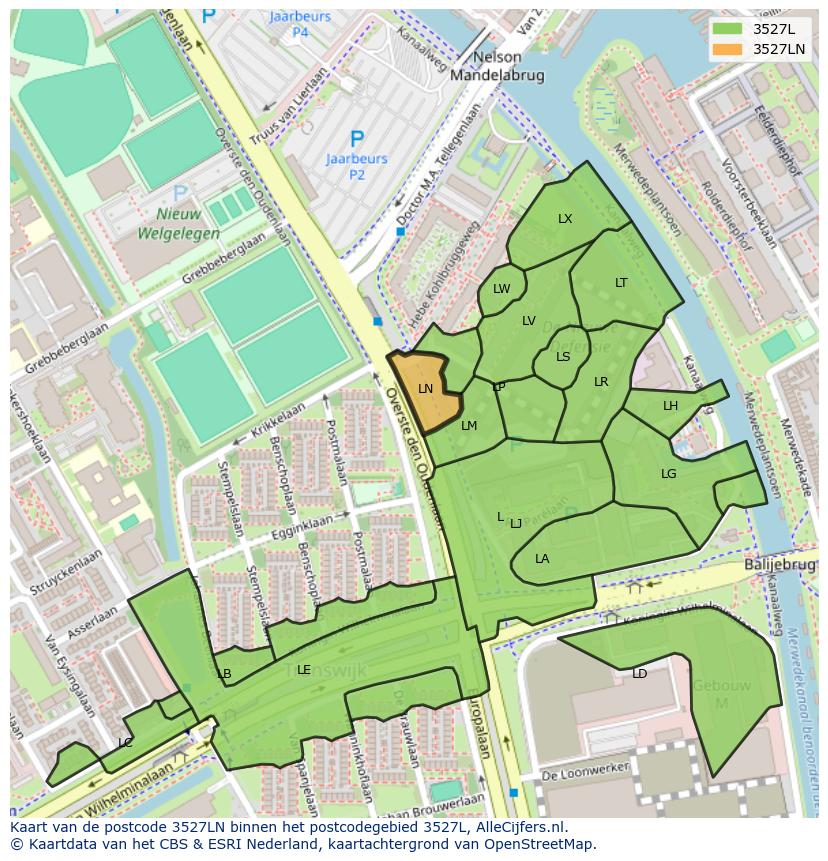 Afbeelding van het postcodegebied 3527 LN op de kaart.
