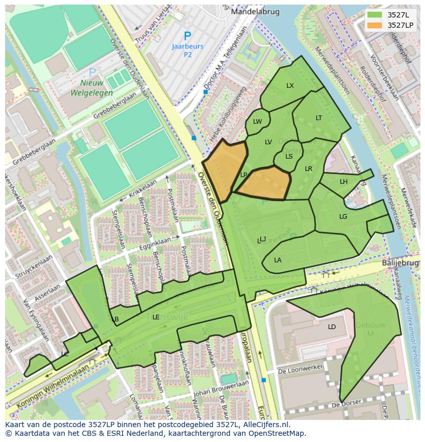 Afbeelding van het postcodegebied 3527 LP op de kaart.