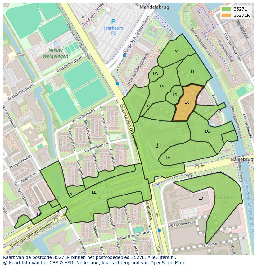 Afbeelding van het postcodegebied 3527 LR op de kaart.