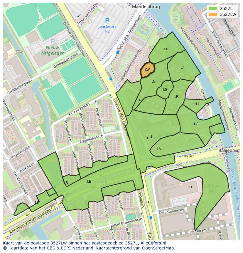 Afbeelding van het postcodegebied 3527 LW op de kaart.