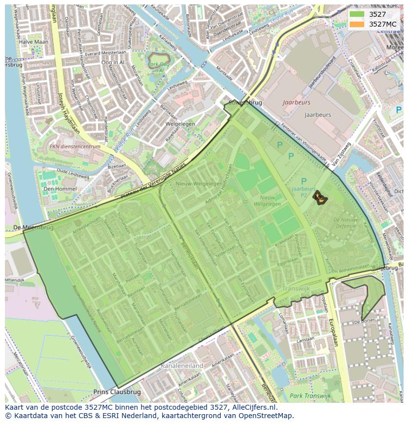 Afbeelding van het postcodegebied 3527 MC op de kaart.