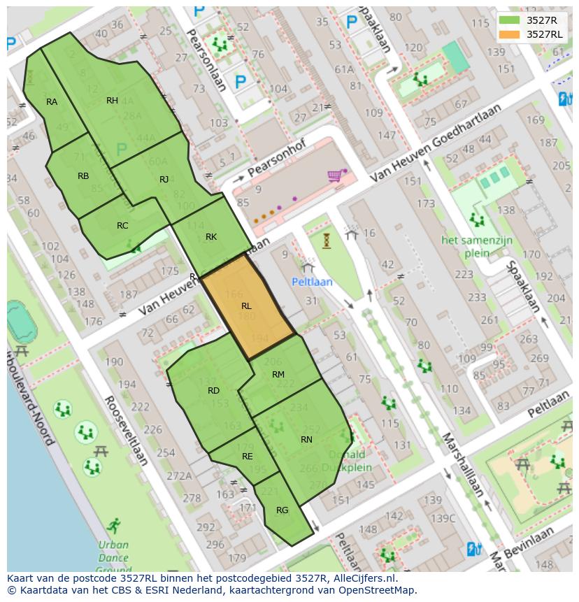 Afbeelding van het postcodegebied 3527 RL op de kaart.