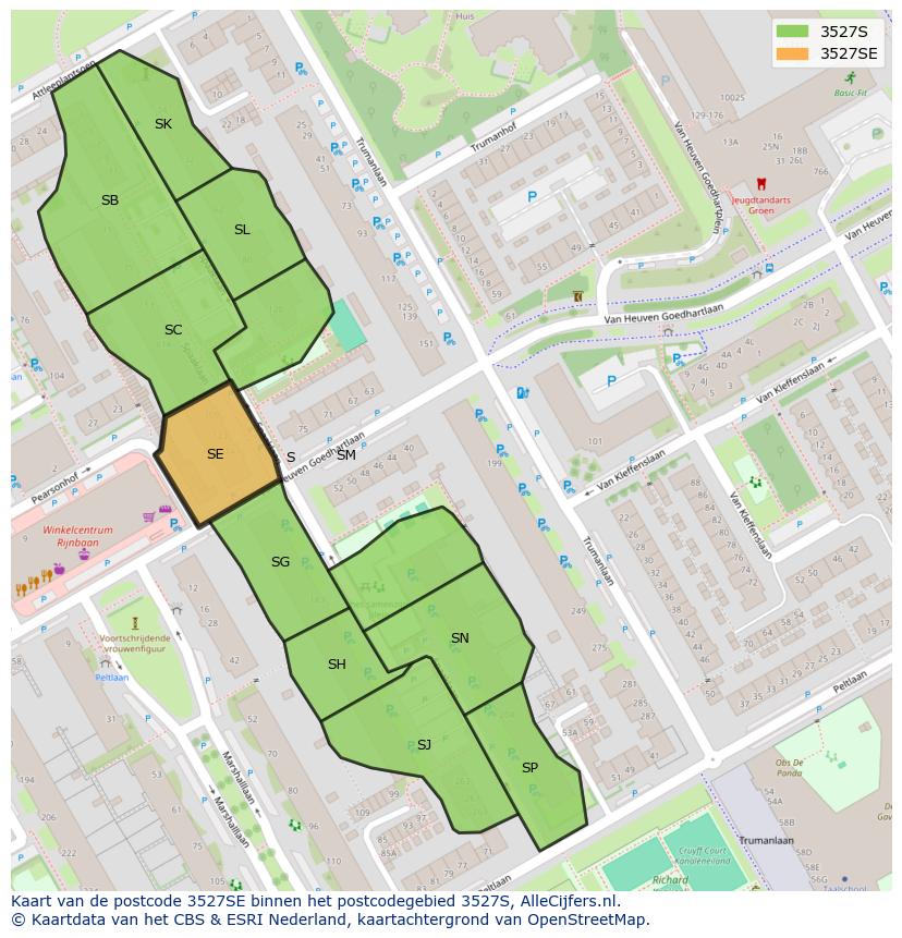 Afbeelding van het postcodegebied 3527 SE op de kaart.