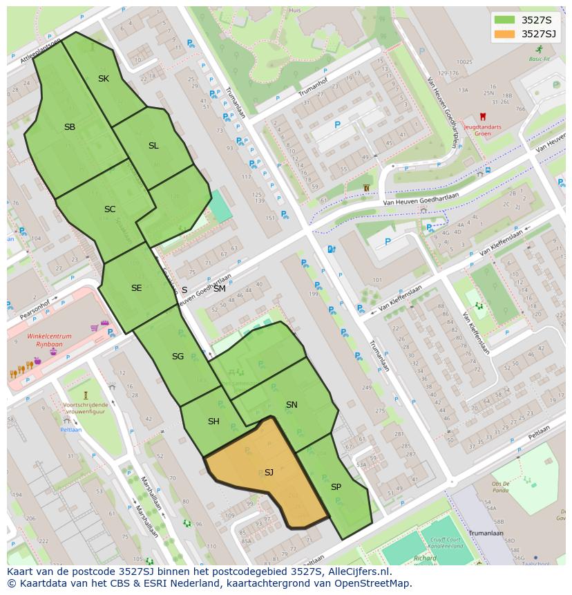 Afbeelding van het postcodegebied 3527 SJ op de kaart.