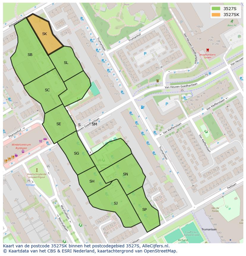 Afbeelding van het postcodegebied 3527 SK op de kaart.