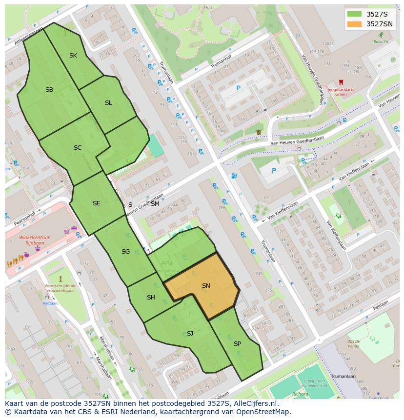 Afbeelding van het postcodegebied 3527 SN op de kaart.