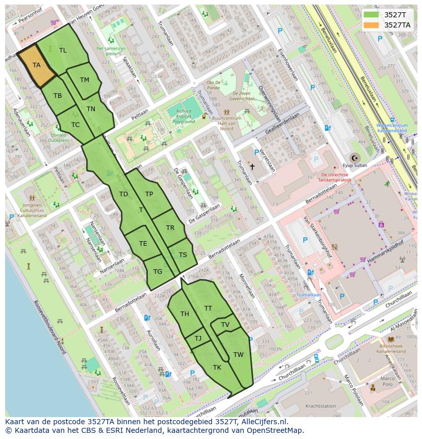Afbeelding van het postcodegebied 3527 TA op de kaart.