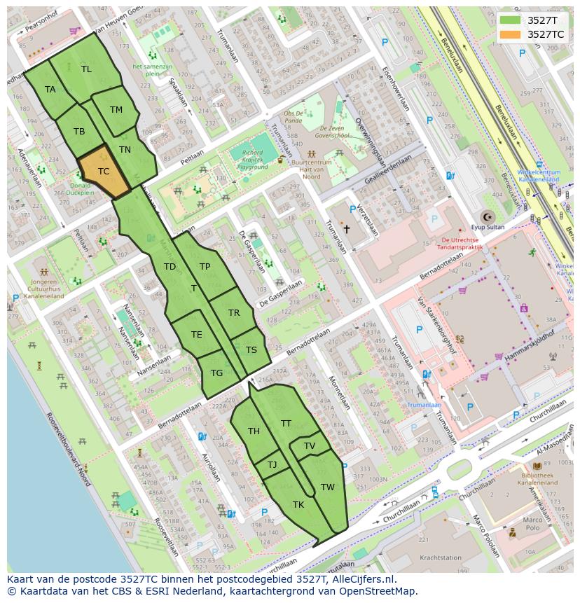 Afbeelding van het postcodegebied 3527 TC op de kaart.