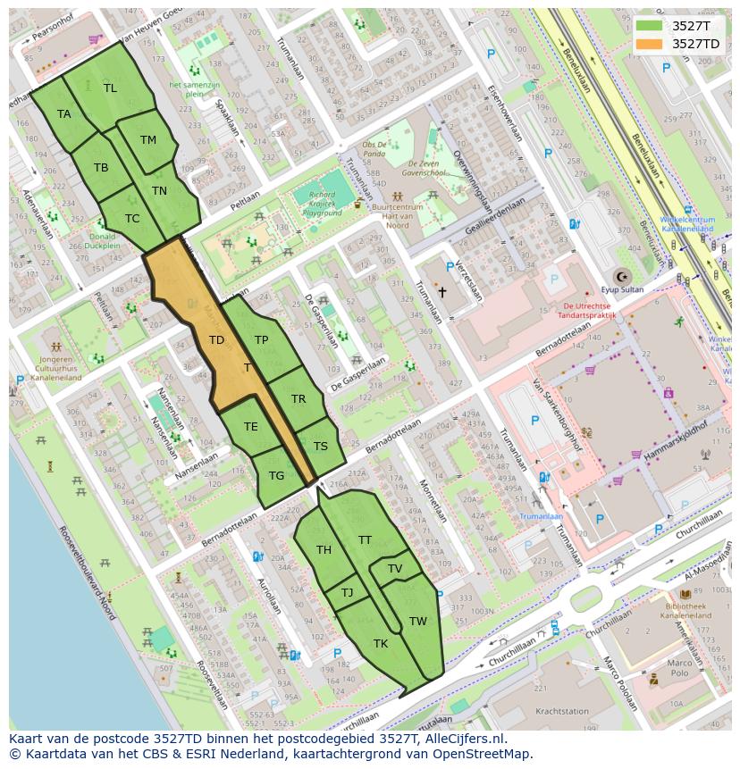 Afbeelding van het postcodegebied 3527 TD op de kaart.