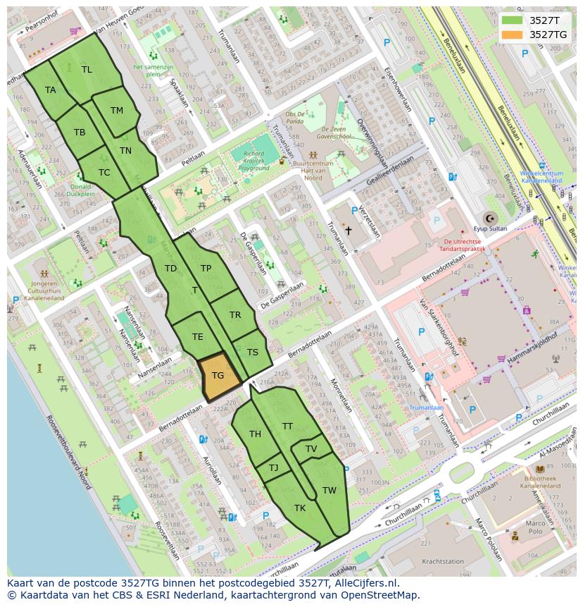 Afbeelding van het postcodegebied 3527 TG op de kaart.