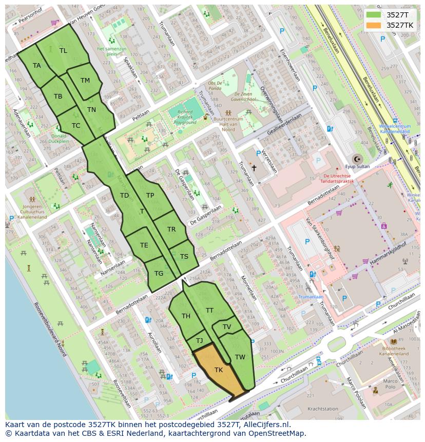 Afbeelding van het postcodegebied 3527 TK op de kaart.