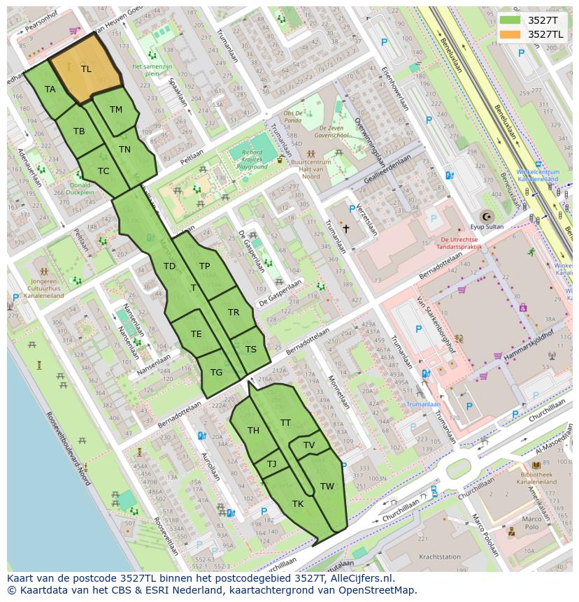 Afbeelding van het postcodegebied 3527 TL op de kaart.