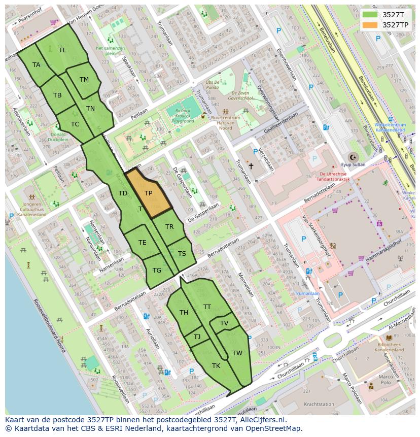 Afbeelding van het postcodegebied 3527 TP op de kaart.